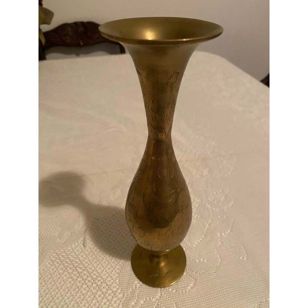 Vintage etched brass Bud vase
